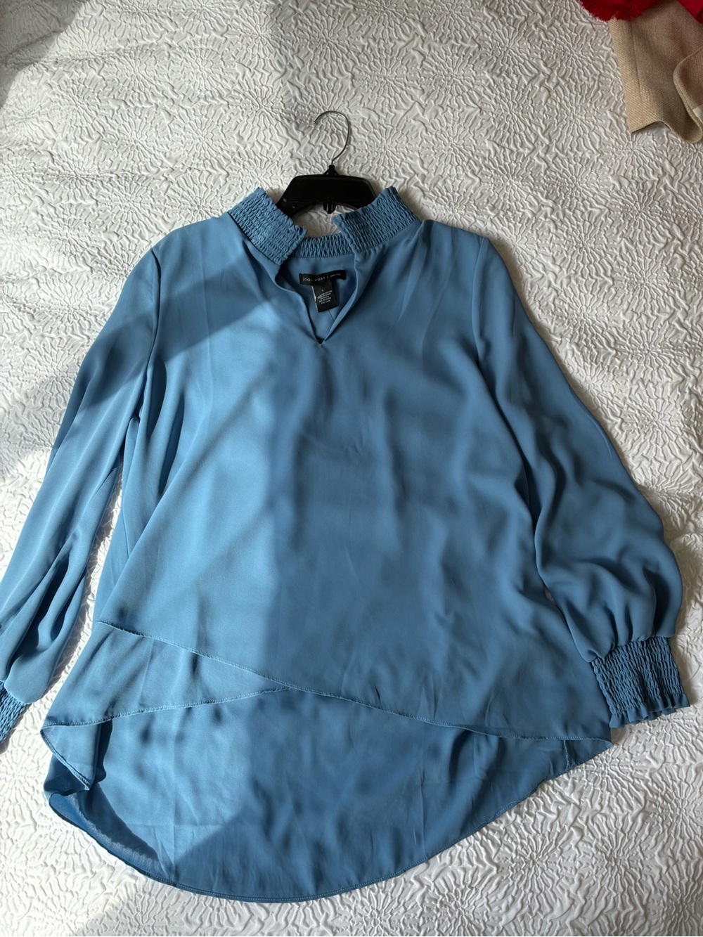 Elegant Joan Vass Blue Smocked-Collar Blouse